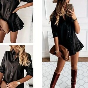 Chic Black Button-Up Dress with Pleated Hem